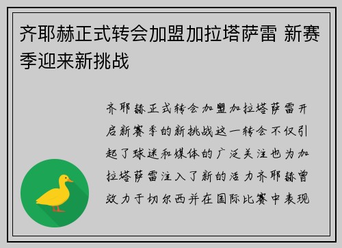 齐耶赫正式转会加盟加拉塔萨雷 新赛季迎来新挑战